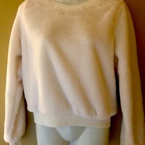 Cream Faux Fur Sweater with Ribbed Waist